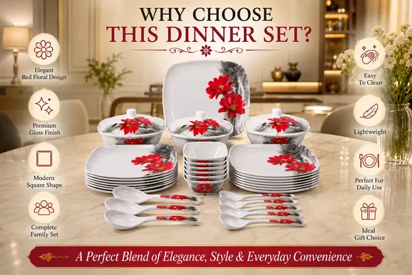 White_Melamine_Floral_Print_Square_Dinnerware_Set_
