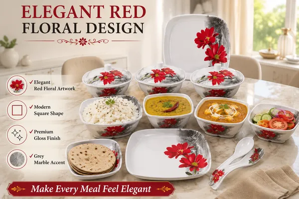 White_Melamine_Floral_Print_Square_Dinnerware_Set_