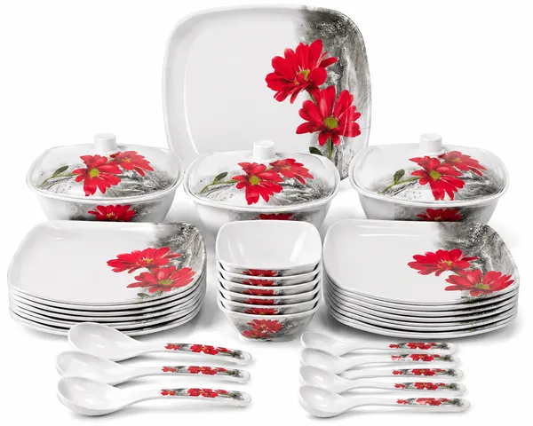White_Melamine_Floral_Print_Square_Dinnerware_Set_