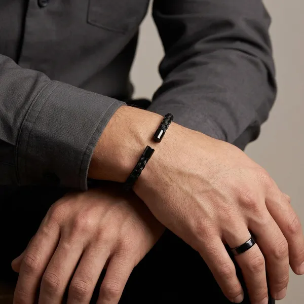 Black_Braided_Leather_Open_Cuff_Bracelet_For_Men
