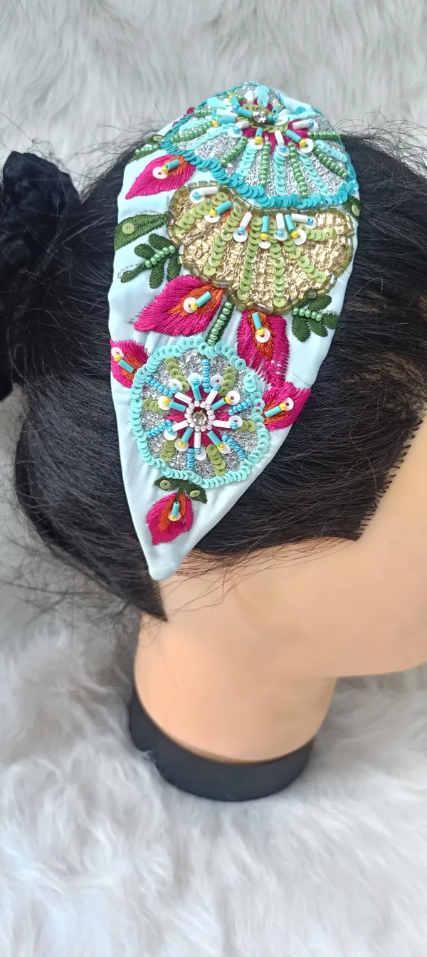 Sky_Blue_Cotton_Sequin_Floral_Embroidered_Knot_Headband_For_Women