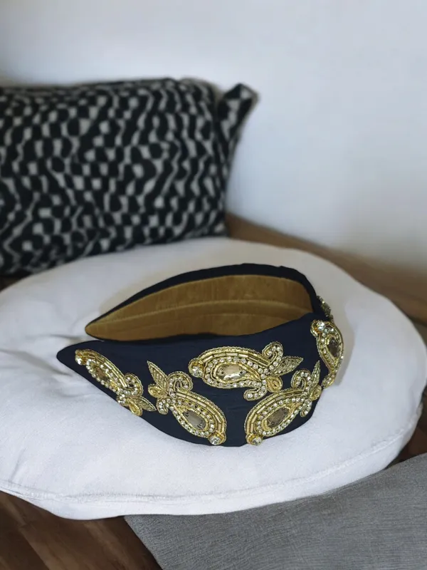 Navy_Blue_Velvet_Gold_Zari_Embroidered_Padded_Headband_For_Women