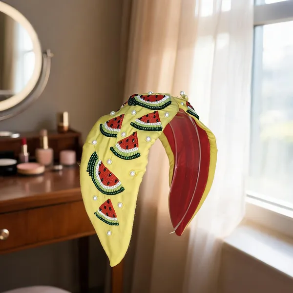 Yellow_Cotton_Beaded_Watermelon_Knot_Hairband_For_Women