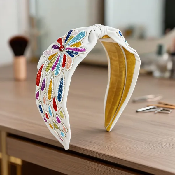 White_Cotton_Floral_Bead_Embroidered_Knot_Headband_For_Women