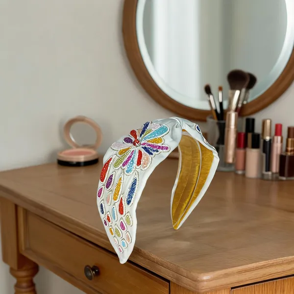 White_Cotton_Floral_Bead_Embroidered_Knot_Headband_For_Women