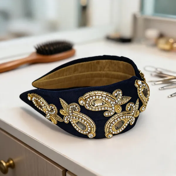 Navy_Blue_Velvet_Zari_Stone_Paisley_Wide_Headband_For_Women