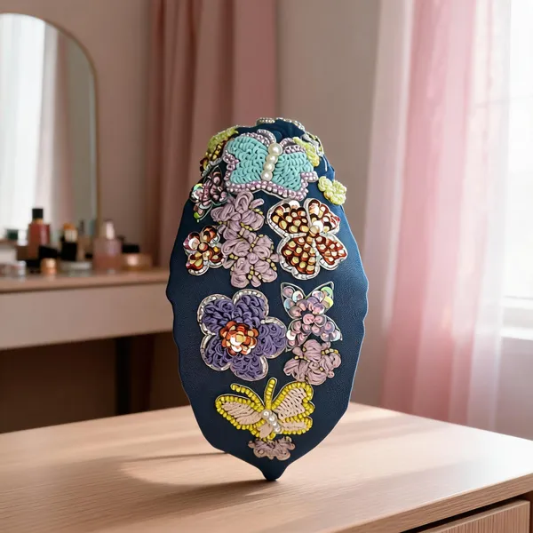 Navy_Satin_Beaded_Floral_Butterfly_Hairband_For_Women