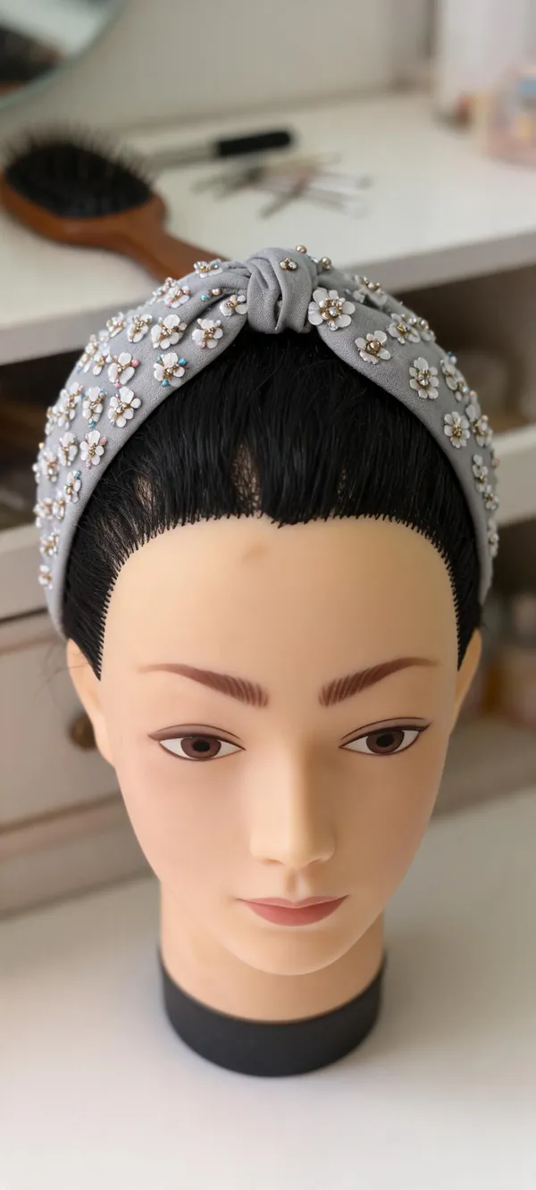 Grey_Cotton_Floral_Beaded_Knot_Headband_For_Women