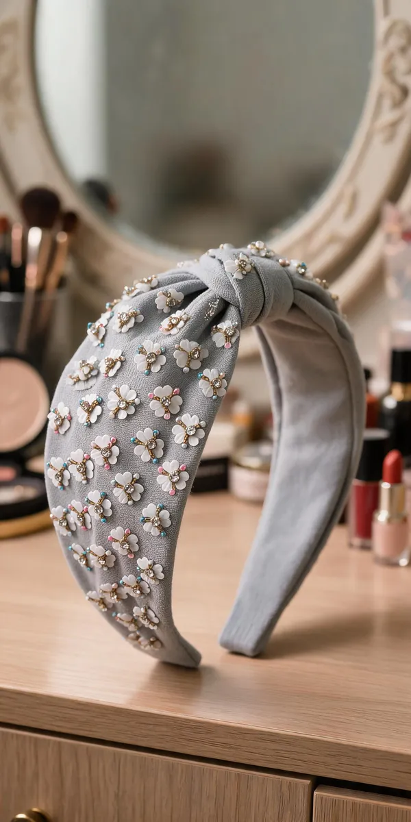 Grey_Cotton_Floral_Beaded_Knot_Headband_For_Women