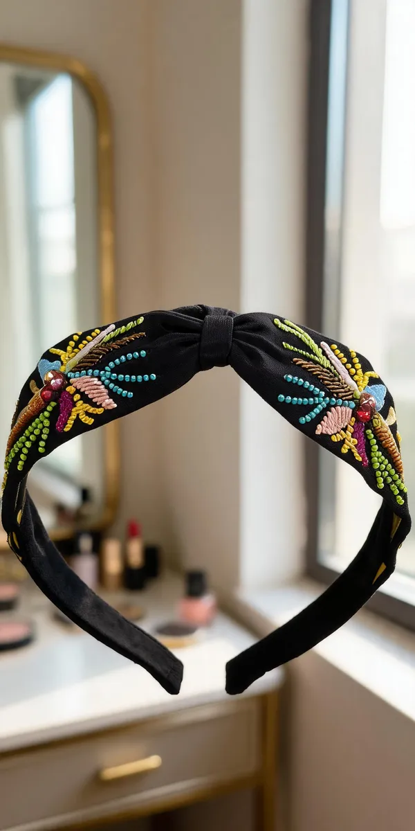 Black_Cotton_Beaded_Floral_Knotted_Hairband_For_Women