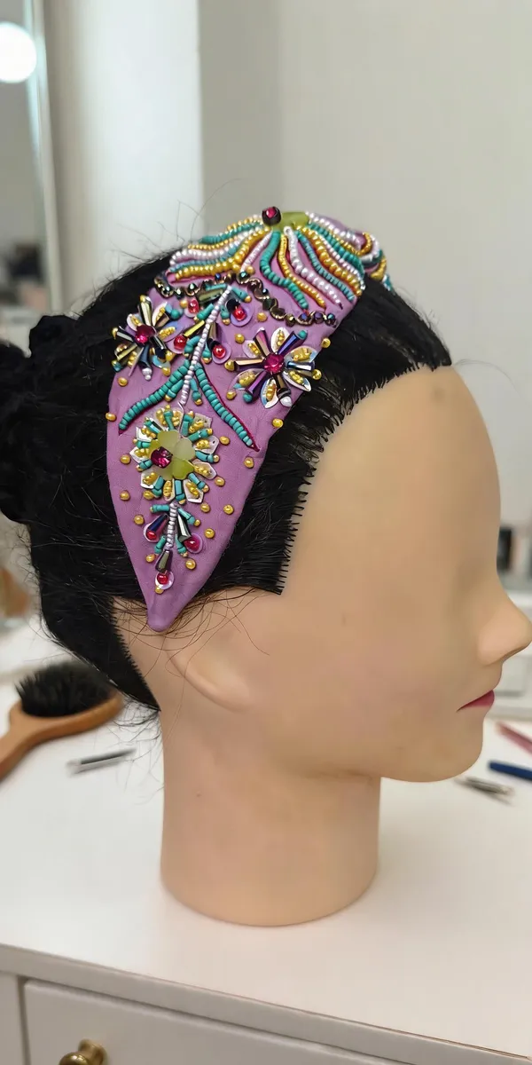 Purple_Cotton_Beaded_Floral_Wide_Headband_For_Women