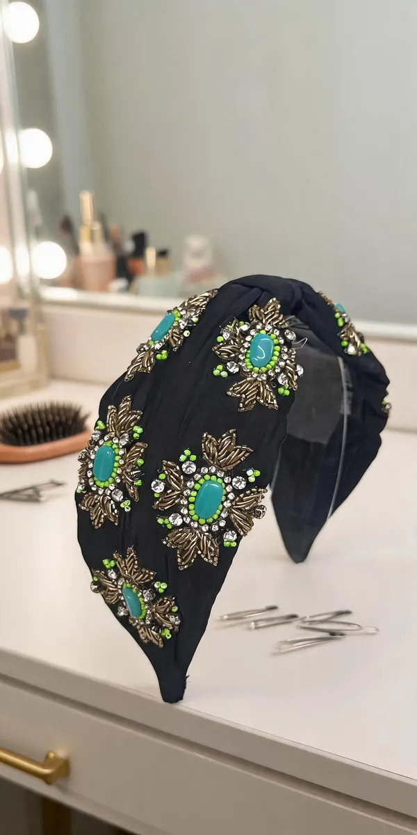 Black_Cotton_Turquoise_Stone_Embellished_Knot_Headband_For_Women