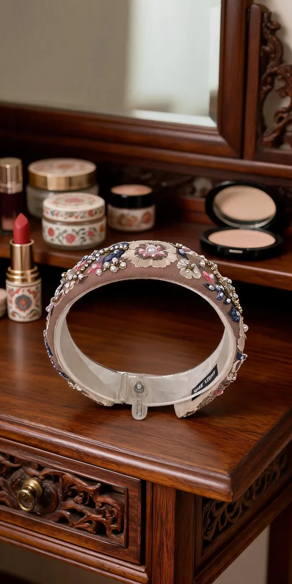 Beige_Cotton_Floral_Embroidered_Beaded_Padded_Headband_For_Women