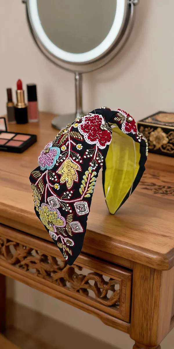 Black_Cotton_Floral_Beaded_Knot_Headband_For_Women