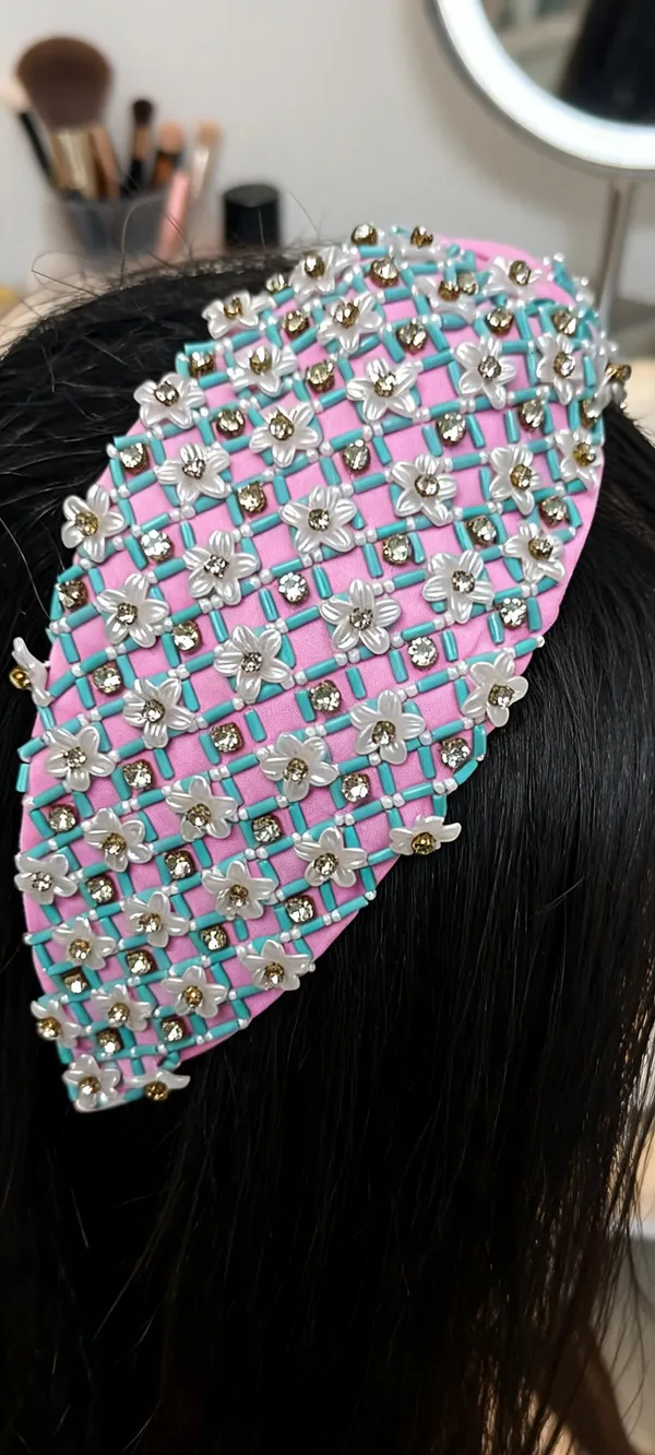 Pink_Satin_Beaded_Bow_Hairband_For_Women