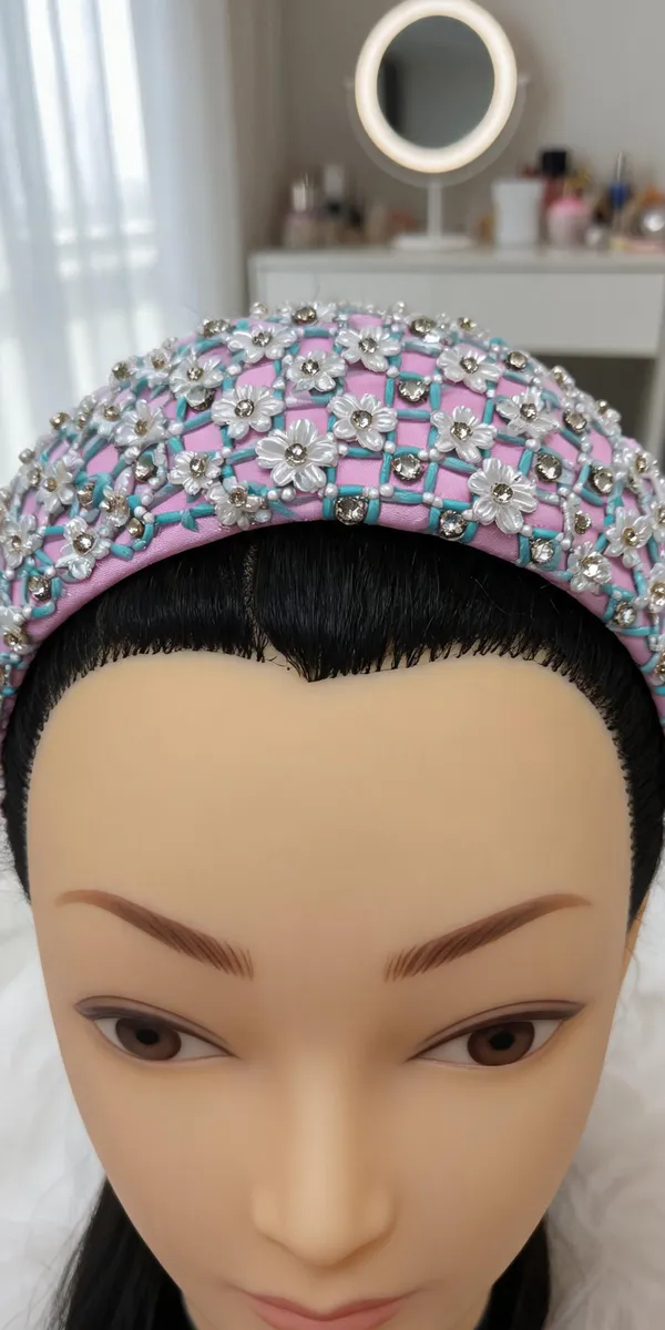 Pink_Satin_Beaded_Bow_Hairband_For_Women