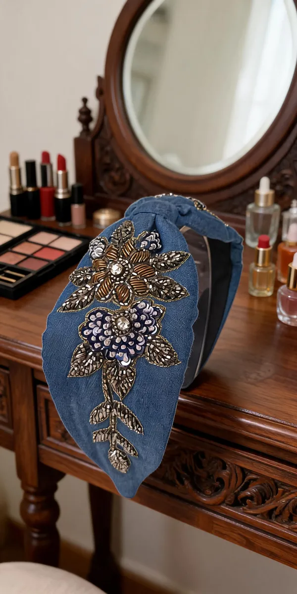 Blue_Denim_Beaded_Floral_Knot_Headband_For_Women