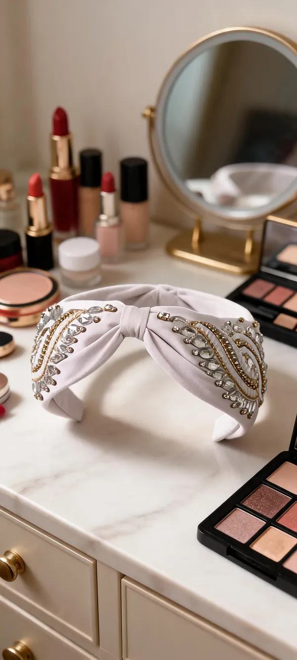 White_Polyester_Beaded_Sequin_Knot_Headband_For_Women