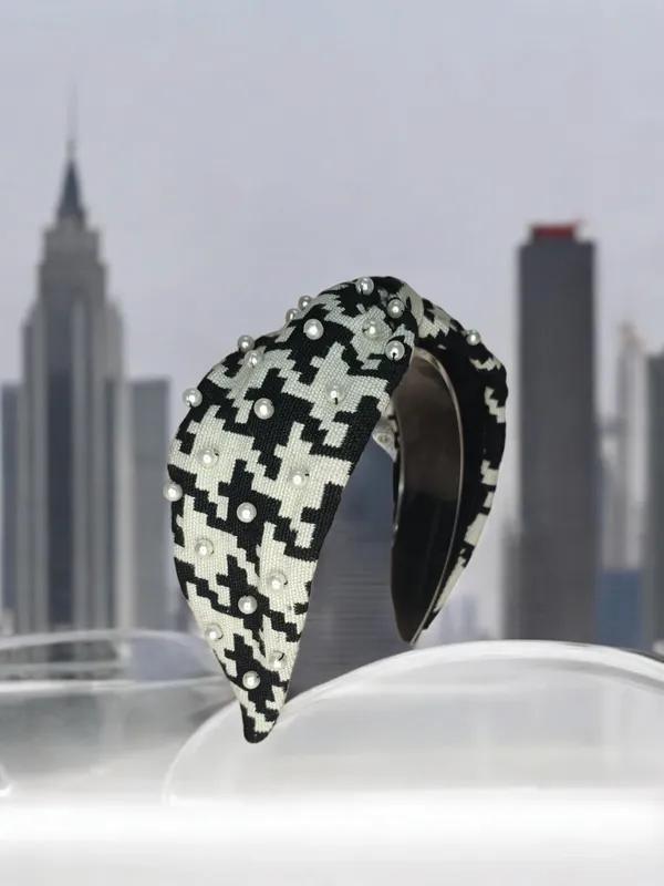 Black_White_Houndstooth_Polyester_Pearl_Knot_Headband_For_Women