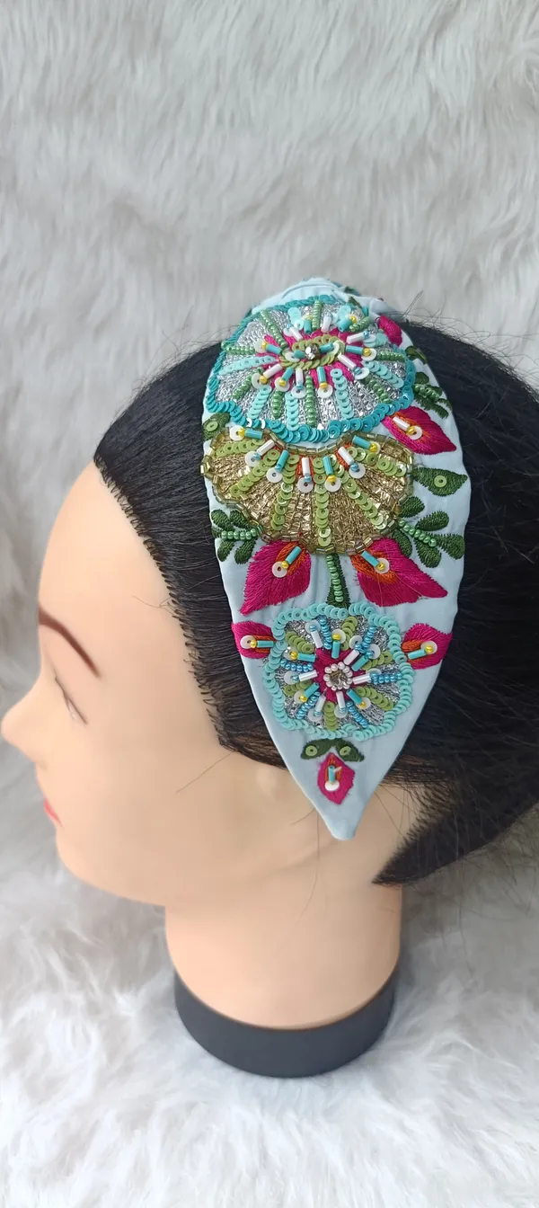 Sky_Blue_Cotton_Sequin_Floral_Embroidered_Knot_Headband_For_Women