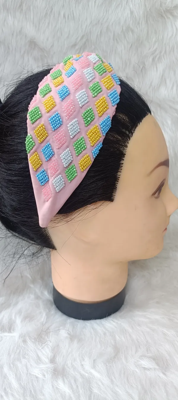Pink_Beaded_Satin_Multicolor_Diamond_Knot_Headband_For_Women