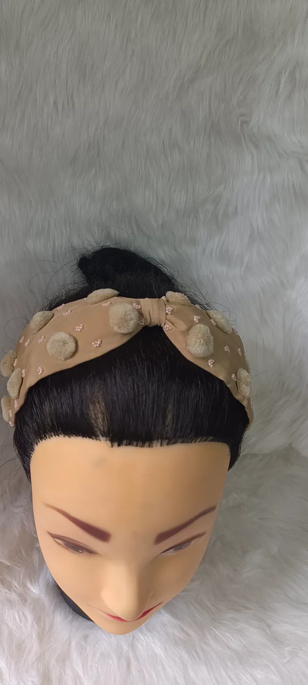 Beige_Cotton_Pom_Pom_Beaded_Headband_For_Women