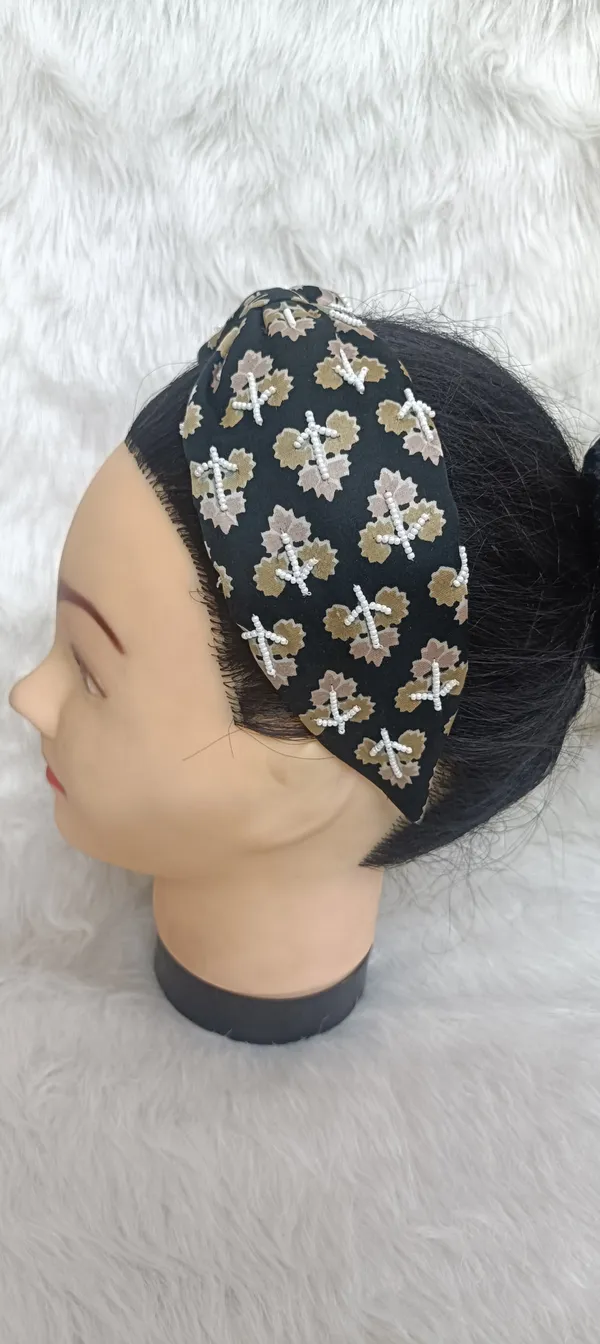 Black_Polyester_Floral_Print_Pearl_Knot_Headband_For_Women