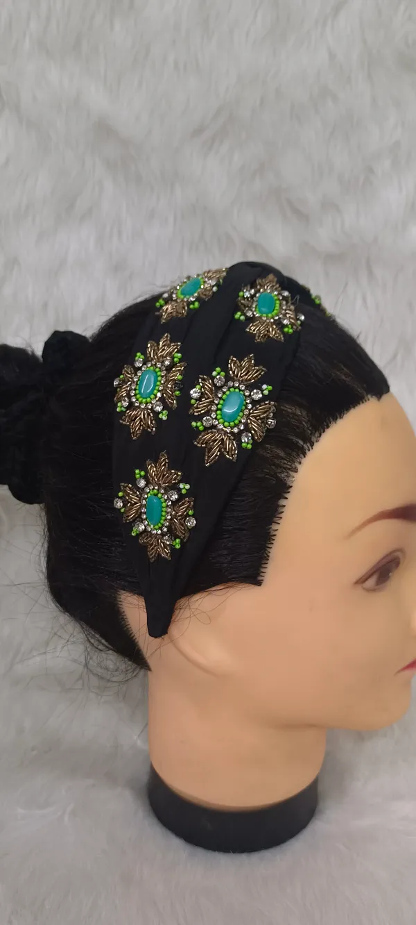 Black_Cotton_Turquoise_Stone_Embellished_Knot_Headband_For_Women