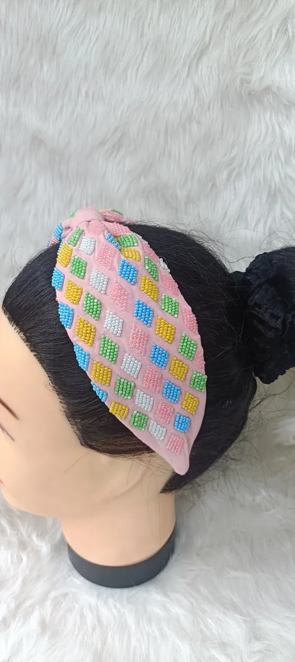 Pink_Beaded_Satin_Multicolor_Diamond_Knot_Headband_For_Women