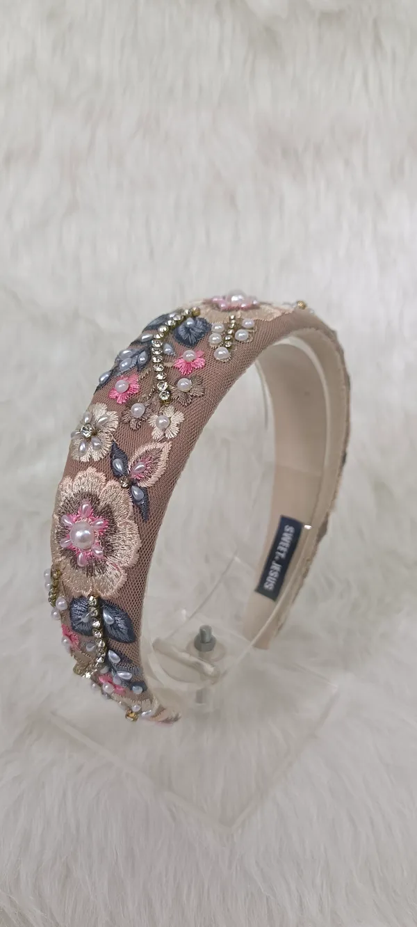 Beige_Cotton_Floral_Embroidered_Beaded_Padded_Headband_For_Women
