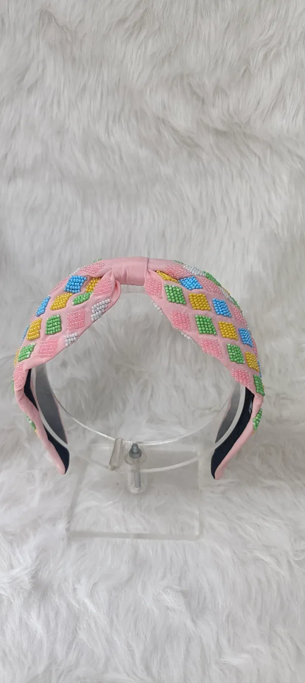 Pink_Beaded_Satin_Multicolor_Diamond_Knot_Headband_For_Women