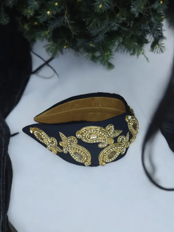 Navy_Blue_Velvet_Zari_Stone_Paisley_Wide_Headband_For_Women
