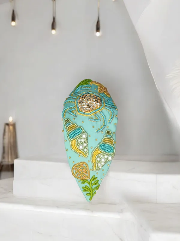 Turquoise_Beaded_Satin_Sea_Motif_Embroidered_Knot_Headband_For_Women