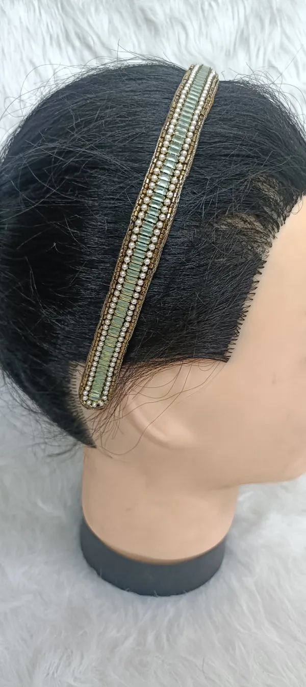 Green_Satin_Beaded_Pearl_Embellished_Hairband_For_Women