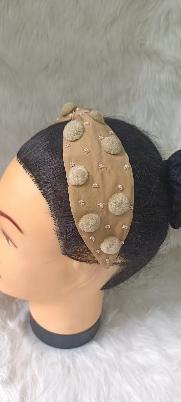 Beige_Cotton_Pom_Pom_Beaded_Headband_For_Women