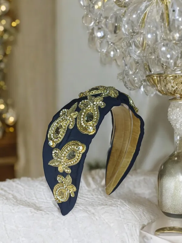 Navy_Blue_Velvet_Zari_Stone_Paisley_Wide_Headband_For_Women