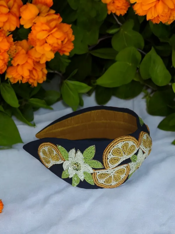 Navy_Cotton_Beaded_Citrus_Embroidered_Padded_Headband_For_Women