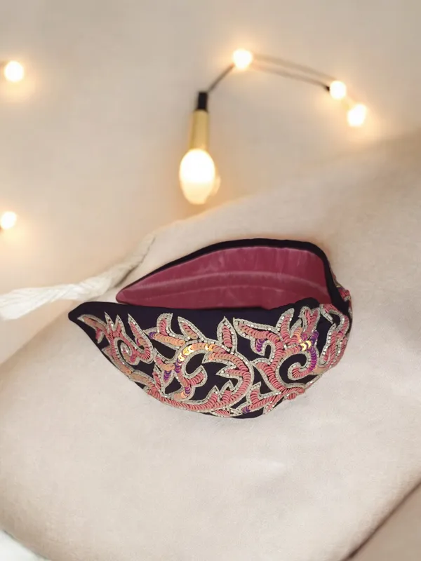 Navy_Velvet_Sequin_Floral_Embroidered_Wide_Headband_For_Women
