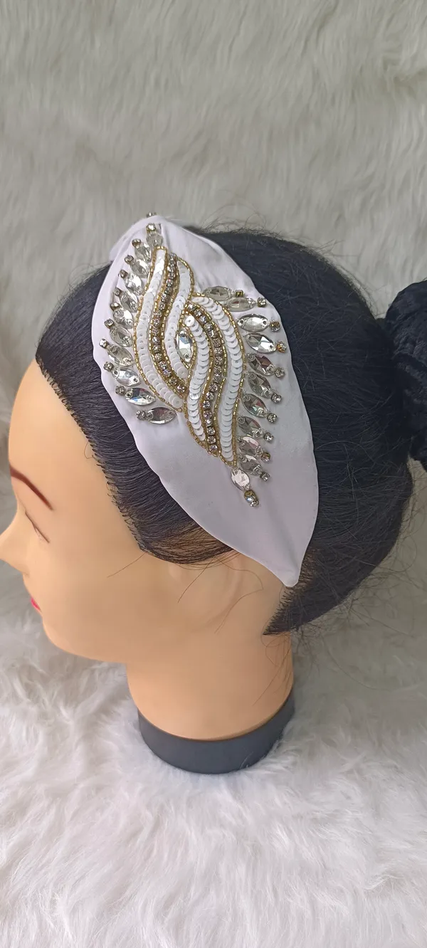 White_Polyester_Beaded_Sequin_Knot_Headband_For_Women