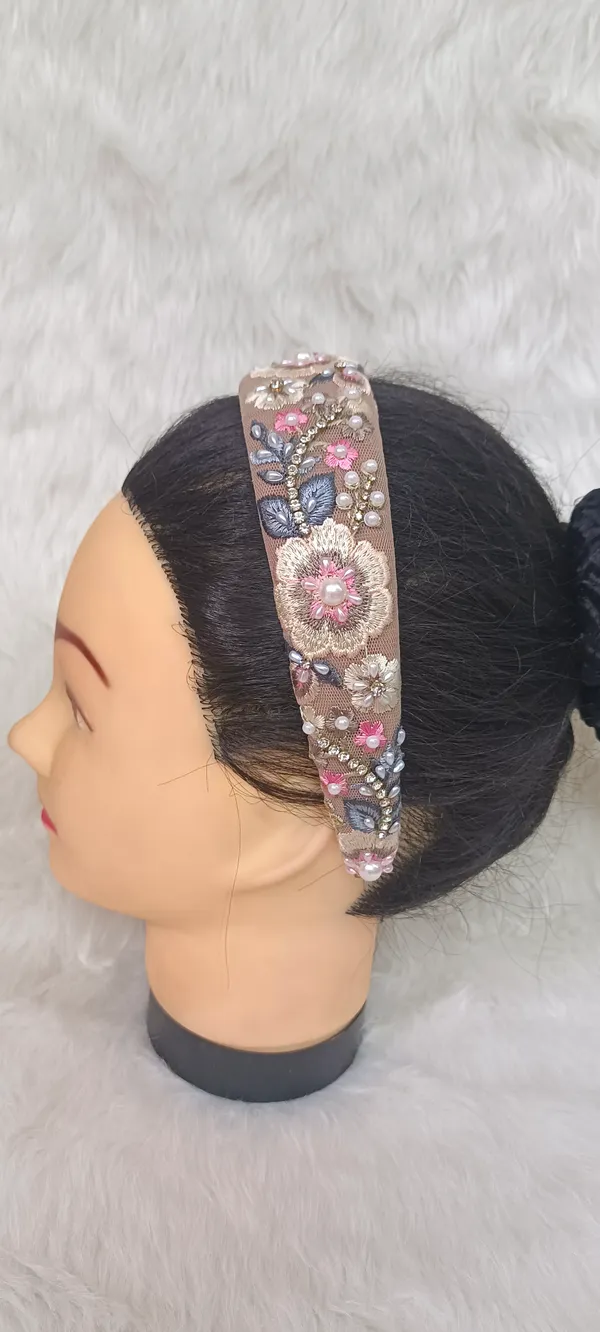 Beige_Cotton_Floral_Embroidered_Beaded_Padded_Headband_For_Women
