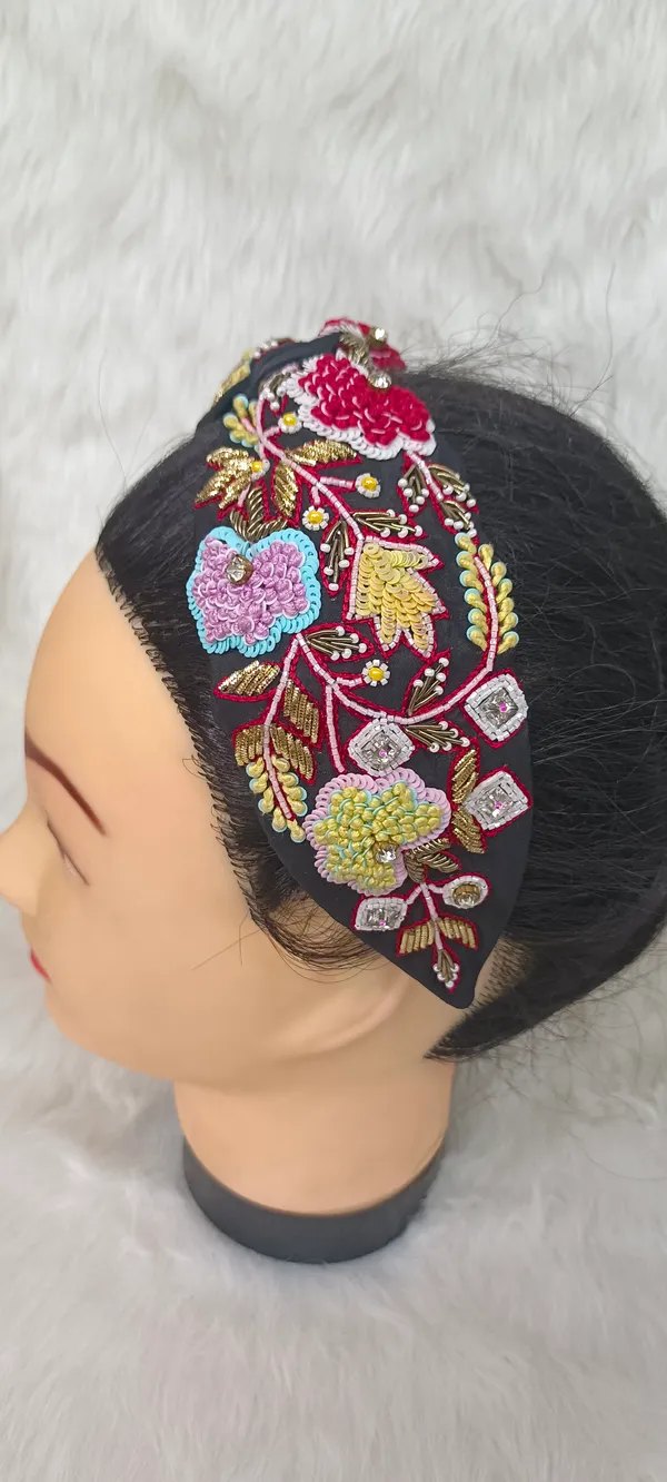 Black_Cotton_Floral_Beaded_Knot_Headband_For_Women