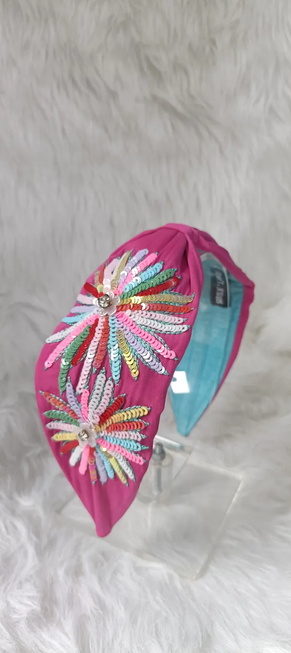 Pink_Cotton_Sequin_Floral_Knot_Headband_For_Women
