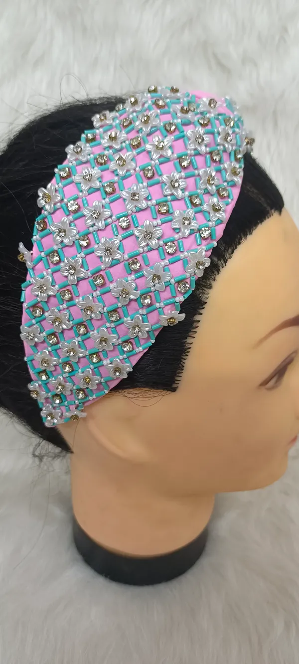 Pink_Satin_Beaded_Bow_Hairband_For_Women