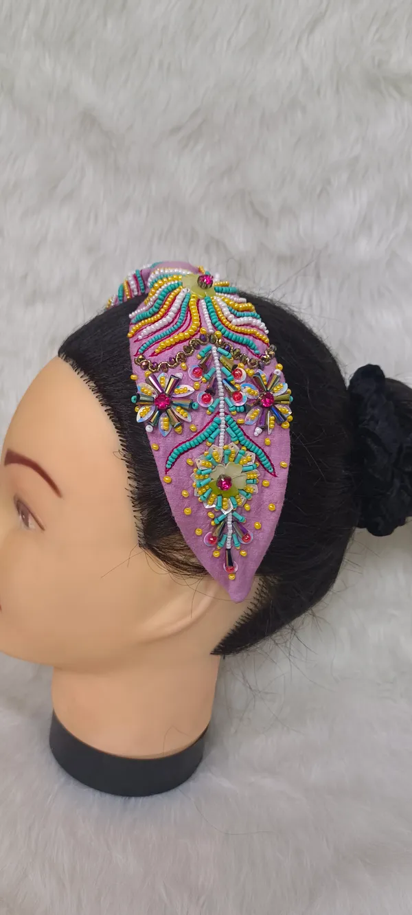Purple_Cotton_Beaded_Floral_Wide_Headband_For_Women