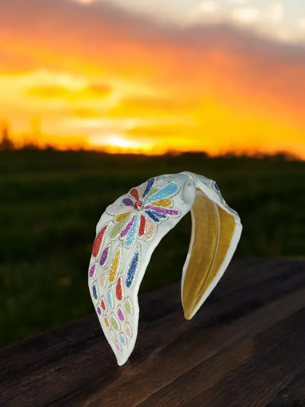 White_Cotton_Floral_Bead_Embroidered_Knot_Headband_For_Women