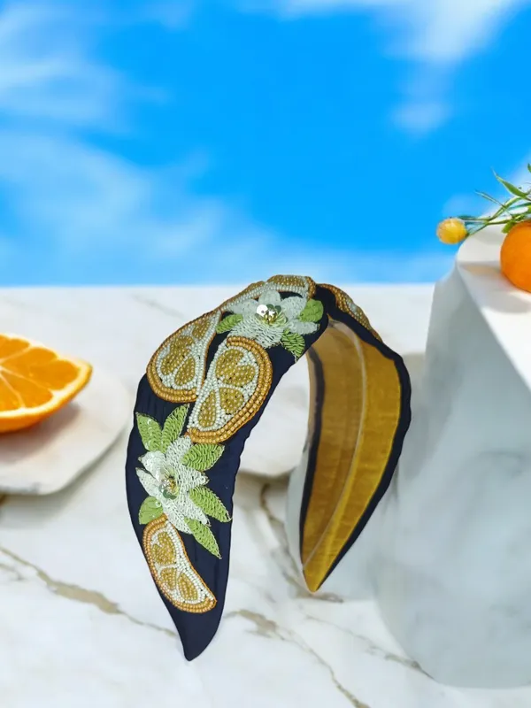 Navy_Cotton_Beaded_Citrus_Embroidered_Padded_Headband_For_Women