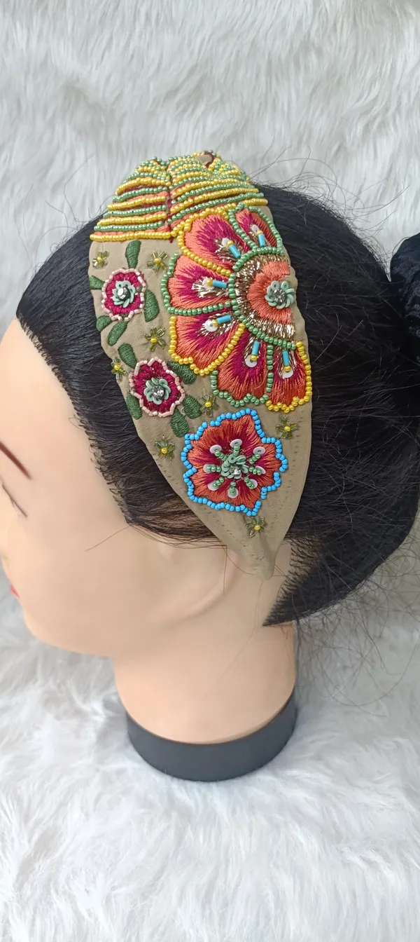 Beige_Cotton_Beaded_Floral_Knot_Headband_For_Women