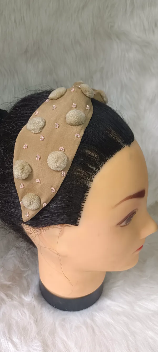 Beige_Cotton_Pom_Pom_Beaded_Headband_For_Women