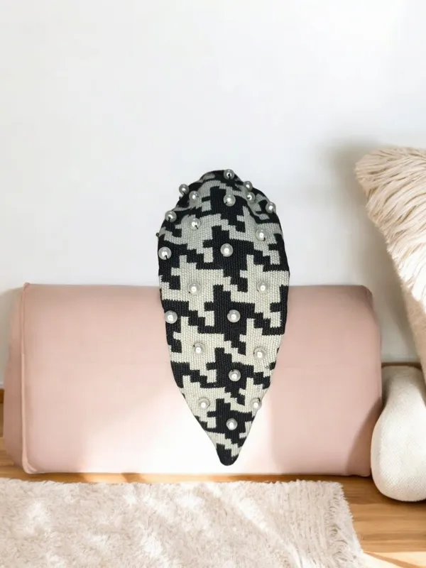 Black_White_Houndstooth_Polyester_Pearl_Knot_Headband_For_Women