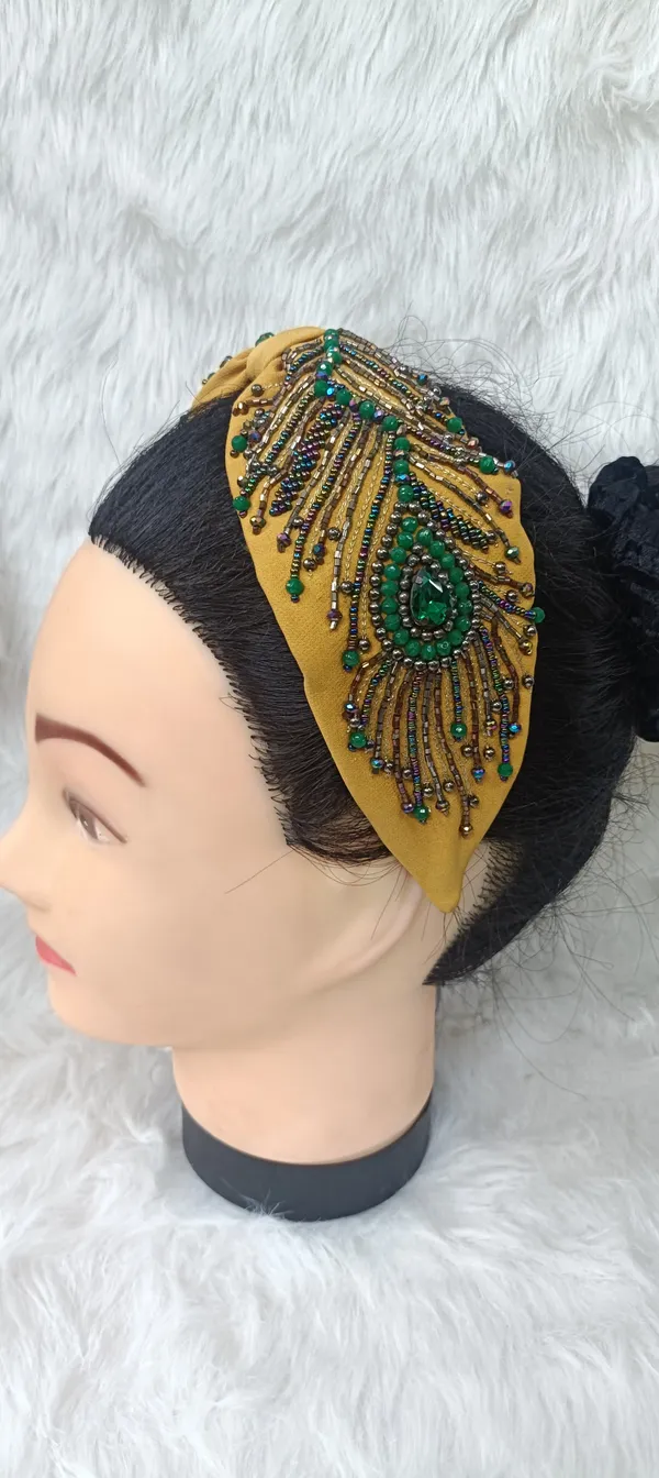 Yellow_Cotton_Beaded_Peacock_Feather_Headband_For_Women
